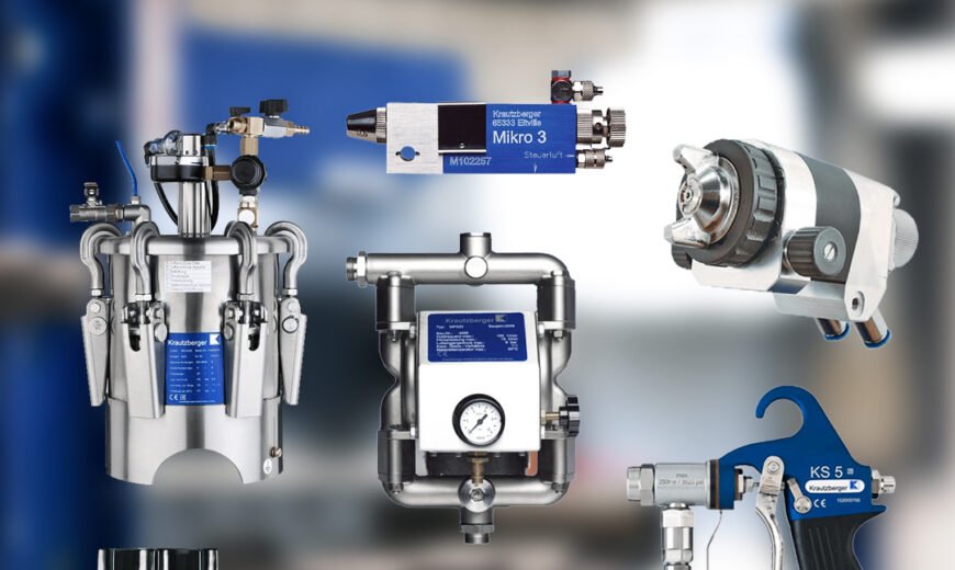 Różne rodzaje pistoletów lakierniczych Krautzberger, pompa oraz zbiornik do aplikacji materiału.